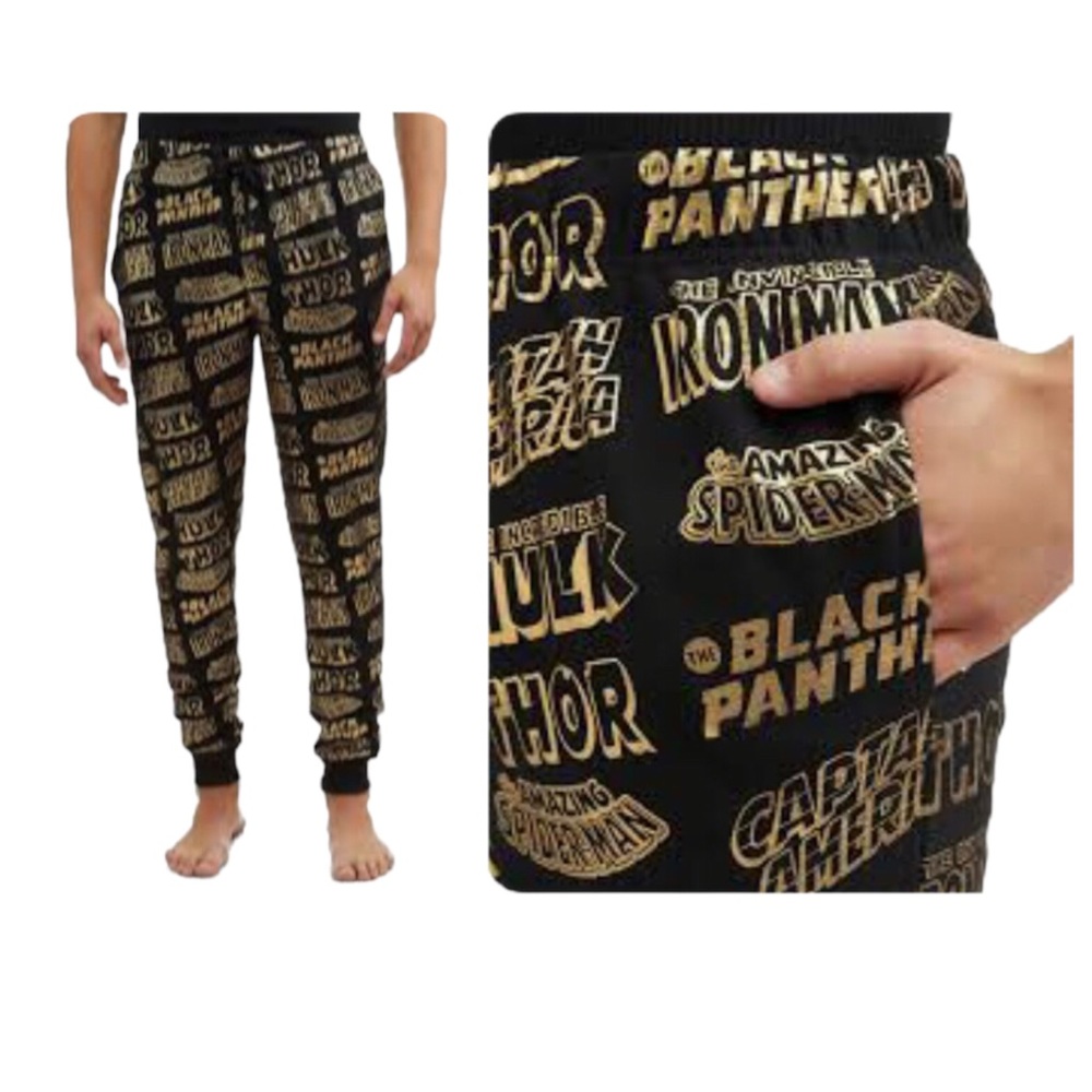Marvel Hero’s Black & Gold Mens Pants Medium EUC